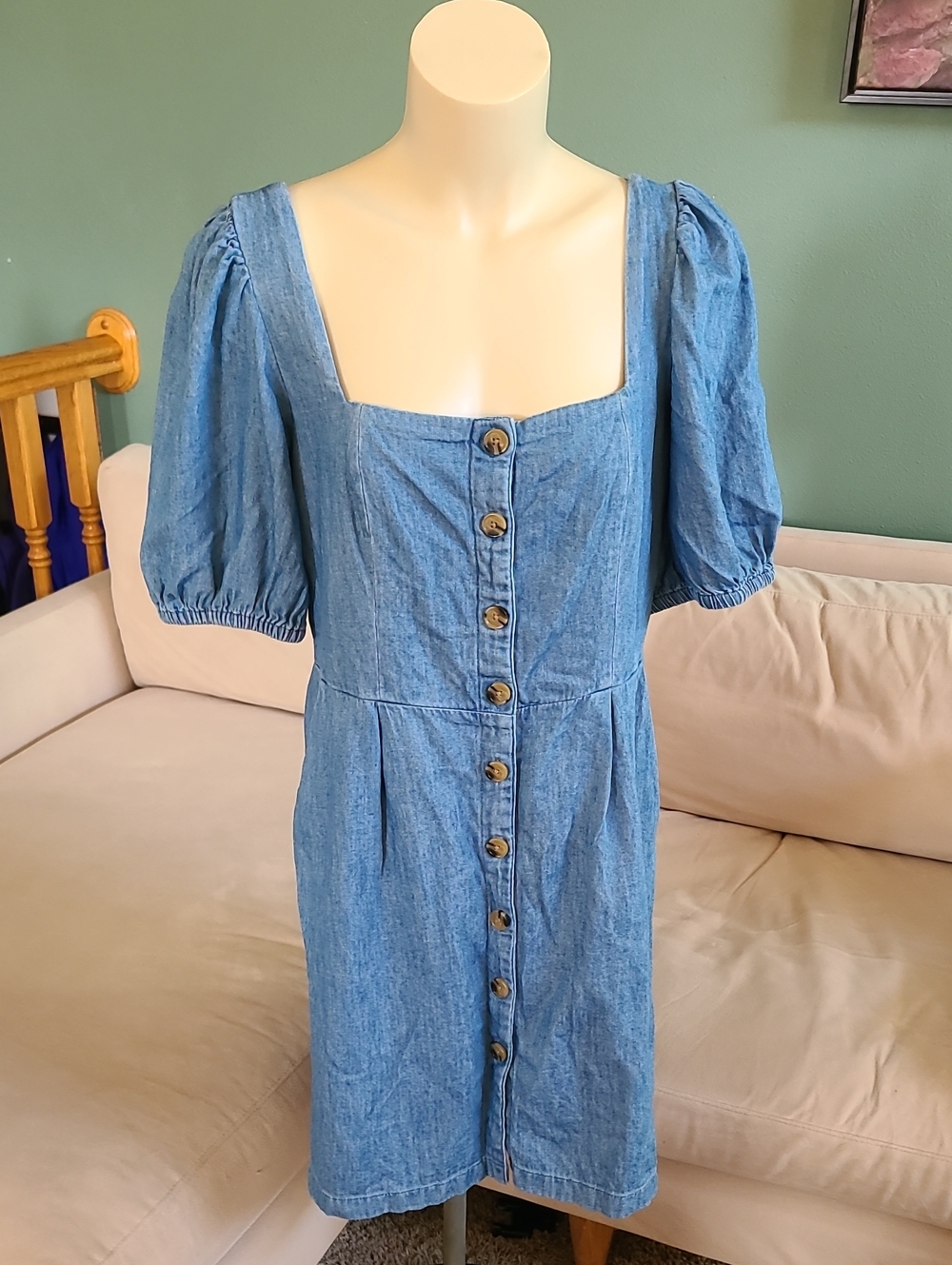 Old Navy Blue Denim Button-Front Puff Sleeve Dress